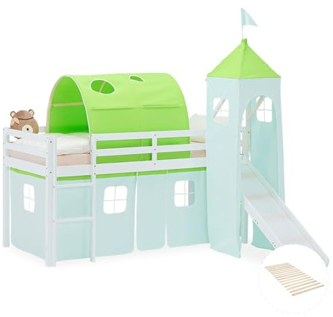 Homestyle4u Hochbett mit Rutsche Lattenrost 90x200 cm Weiß, Kinderbett aus Holz Kiefer, mit Turm Tunnel Vorhang Grün, Artikel 2977