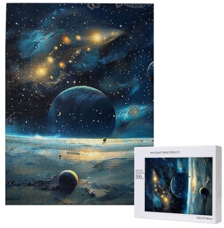moon stars and planets Printed Jigsaw Puzzle with Storage Box, Wooden Puzzle for Adults and Kids, 500 Pieces Family Fun Decorative Game