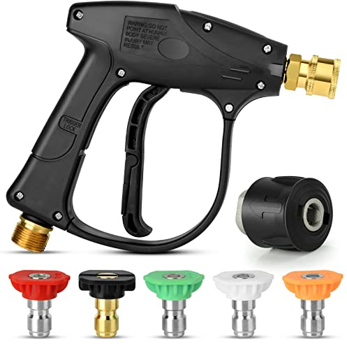 Pressure Washer Gun, Short Nozzle Jet Wash Gun with M22 14MM Hose Interface and Adaptor Compatible with 1/4 inch Quick-Connect Nozzles 3000 PSI High Pressure for Car Washing and Patio Cleaning