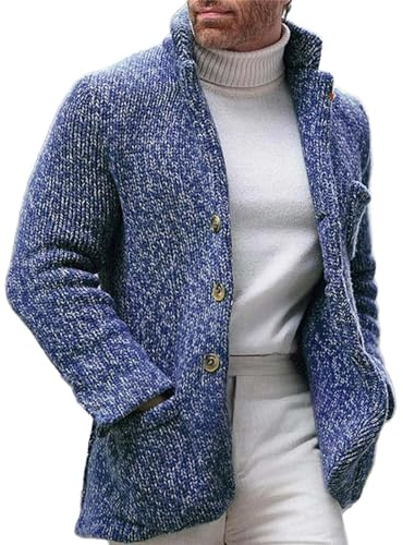 Cardigan da uomo in cashmere con colletto a camicia, lavorato a maglia a costine, a maniche lunghe, con bottoni, con tasche, Blu, 3XL