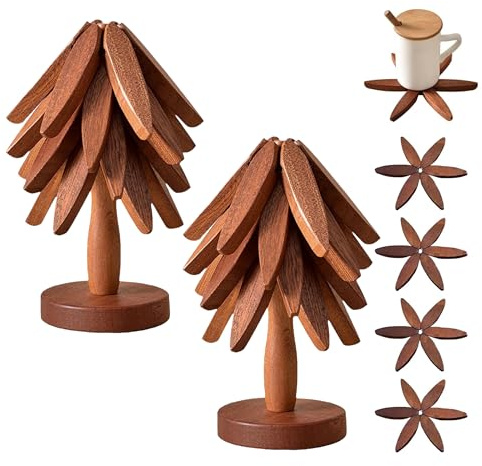 Wooden Tree Trivet Set for Hot Dishes - 4 in 1 Natural Foldable Kitchen Trivets for Pots,Pans, Bowls & Teapots -2PCS (Black Walnut)