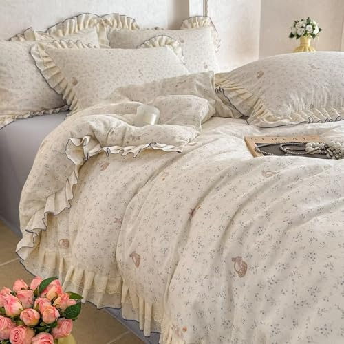 AMZTOP Blue Beige Floral Rabbit Duvet Cover Queen Size with 2 Pillowcases,100 Cotton Muslin Gauze Bed Set for Baby Kids,Lightweight Breathable Lace Ruffle Duvet Covers Teen Girls Queen 90×90
