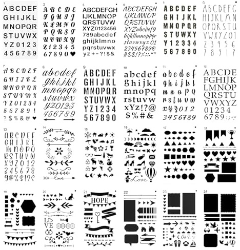 24 Pieces Reusable Calligraphy and Letter Stencils for Crafts with Assorted Fonts, Numbers, and Symbols, Suitable for DIY Art, Journaling, and Home Decoration
