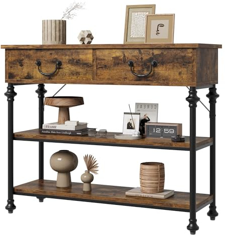 Garvee Tavolo Consolle Stretto da 100 cm, con 2 Cassetti e 2 Ripiani Aperti, Design a Colonna Romana, Ideale per Ingresso, Corridoio, Soggiorno e Spazi Piccoli, Colore Vintage