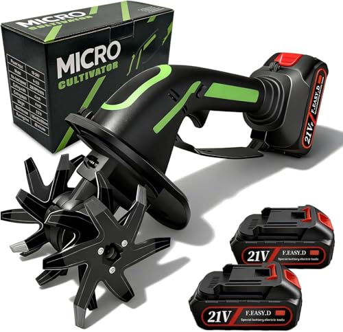 21V Motobineuse Electrique,Motoculteur avec 2 Batteries 3000mAh et Manche de 1,3m Bineuse Électrique avec 4 Lames Métalliques Largeur de Travail de 10cm Profondeur de Travail de 10cm 235 TR/Min