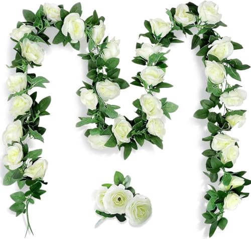 2 Stück Künstliche Rosen Girlande Weiß 2,4m – Realistische, Dichte Blumenranke mit Flexiblen Stielen, Langlebig & Pflegeleicht, Ideal für Hochzeit, Balkon, Garten & Dekoration