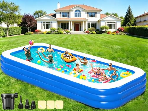 Extra stor uppblåsbar simbassäng för vuxna – 45 cm x 180 cm x 22 tum extra stor uppblåsbar pool överdimensionerad förtjockad familj med pump, 15 fot extra långa uppblåsbara pooler för trädgård, enkelt