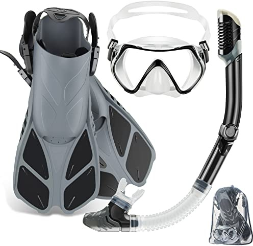 ZEEPORTE Mask Fin Snorkel Set with Adult Snorkeling Gear, Panoramic View Diving Mask, Trek Fin, Dry Top Snorkel +Travel Bags, Snorkel for Lap Swimming