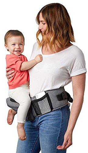 Tushbaby Safety-Certified Hip Carrier for Babies & Toddlers: Machine Washable Child Waist Seat for One Hand Support with Multi-Pocket Storage (23”-44” Waist, Holds Kids 0-3 yrs up to 45lbs) – Grey