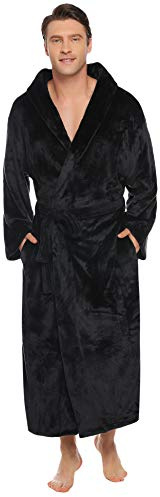 Vlazom Herrmorgonrock fleece vinter lång morgonrock mjuk och varm huva badutgång S-XXXL, svart, XL