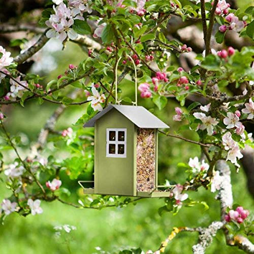 Garden Mile® Beach Hut Bird Seed Feeder - Decorative Hanging Feeding Small Birds Feed House, Metal and Plastic Constructed Durable Seed feeding Station for Outdoor, Garden, Patio (Green)