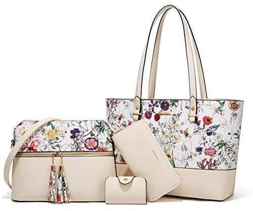 YTL Damen Handtasche Tote Shopper Groß Schultertasche Umhängetasche Geldbörse Kartenhalter Tasche 4-teiliges Set für Büro Schule Einkauf Reise Geschenk BeigeFL