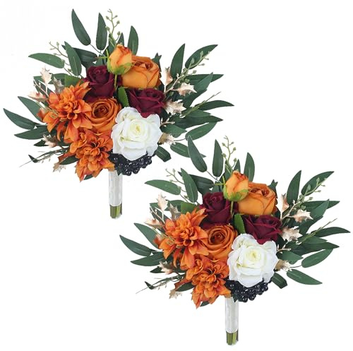 Rinlong Bouquets de Mariage pour Demoiselles d'honneur - Orange brûlé - Fleurs artificielles en Soie - Bouquet de mariée - Décoration de fête de Mariage