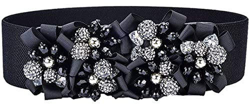 通用 Elegant Damen Breiter Gürtel mit Strass Blumen Elastische Taillengürtel Tailleband Hüftgürtel Stretchgürtel Kleid Gürtel (Schwarz, 63cm)