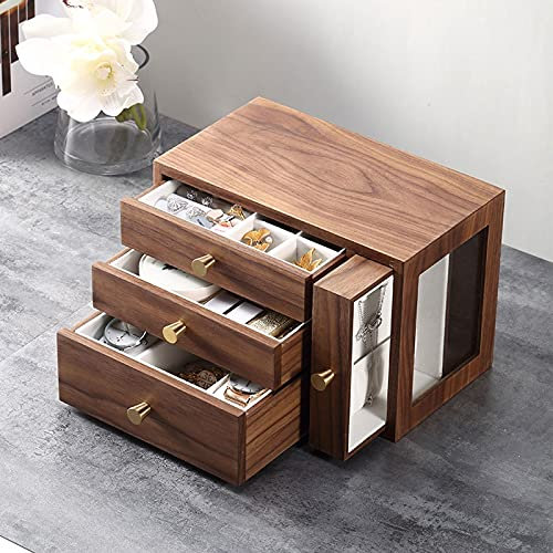 XXXXW Dekoratives Schmuckschatullen Hölzerne Schmuckkästen Organizer für Frauen Vintage Schmuckhülle mit 3 Schubladen Holzschmuck Organizer mit 1 Glasseitige Schublade Schmuckaufbewahrung