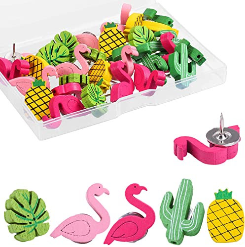 VNBWEVJ Push Pins Dekorative Daumen Reißnägel Reißzwecken Hölzerne Flamingo Ananas Kaktus Palm Blatt Niedliche Heftzwecke Für Fotos Wand Bulletin Board Oder Kork Tafel 50 Stücke