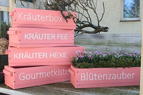 Blumenkasten Holz Pink/Rosa/Holzgriffe/Aufdruck/Balkonkasten, Terrasse, Holzkiste (HxBxT-14,5x50-90x19,5cm) (Kräuter Fee, 60cm)