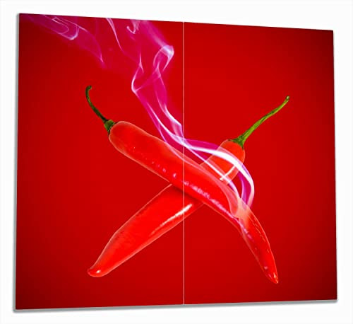 Wallario Herdabdeckplatte/Spritzschutz aus Glas, 2-teilig, 60x52cm, für Ceran- und Induktionsherde, Rauchende Chili-Schoten im Duo vor rotem Hintergrund