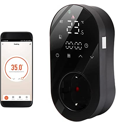 Smarte Steckdose Thermostat Steckdose WLAN 16A Steckdose Tuya App Sprachsteuerung Steckdose Temperaturregler 5+1+1 Sechs Perioden & Heiz- und Kühlmodus mit Touch Button LED Bildschirm