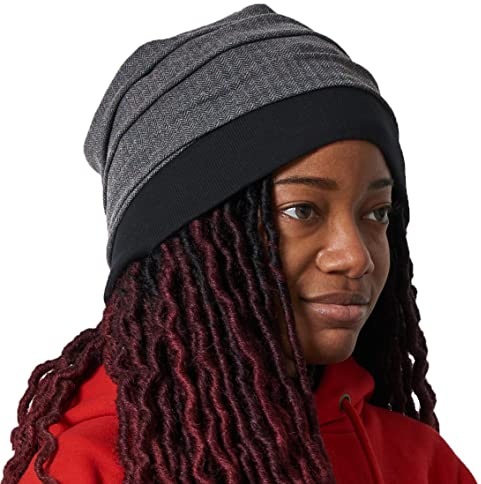 CHARM Long Beanie Für Damen & Herren - Baggy Beanie Leichte Mütze Mit Gelegten Falten Im Fischgrät Tweed Muster Mit Baumwolle Dunkel_Grau