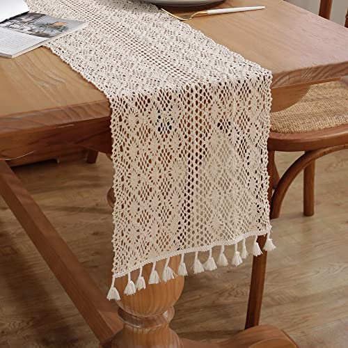 meioro Gehäkelte Tischläufer, 26x140cm Spitze Boho Tischwäsche Klassische Beige Hochzeit Tischdecke Vintage Tassel Tischdeko für Küche Essen Urlaub Party Dekoration Tablerunner