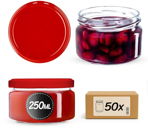 KADAX 50er Set Einmachgläser 250ml TO82 Rot, Marmeladengläser Vorratsgläser Mason Jar mit Schraubdeckel, Luftdicht & Spülmaschinenfest, Honig- & Dessertgläser