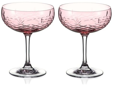DIAMANTE Frederik Bagger Gatsby Hand Cut Pink Crystal Saucers - Set of 2 Champagne Saucer Cocktail Coupes (Pink)