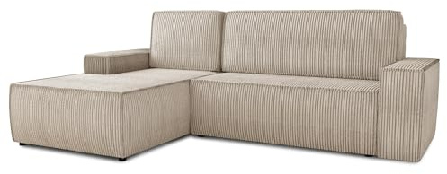 Sofnet Ecksofa Totti L mit Schlaffunktion und Bettkasten - Cord Stoff - L-Form Couch, Polstersofa, Schlafsofa, Sofagarnitur (Beige (Poso 100), Ecksofa Links)