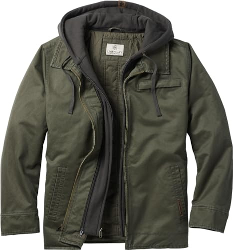 Legendary Whitetails Men's Standard Dakota Jacket Full Zip Up Winter Coat Rugged Waxed Cotton Canvas Outerwear Hooded Trucker Western Style Clothing, Army