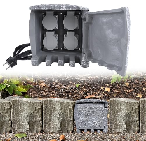 HENGMEI Gartensteckdose Steckdose Steinoptik 4 Schutzkontakt Steckdosen IP44 Wasserdicht Steckdosenverteiler mit Erdspieß (3m)
