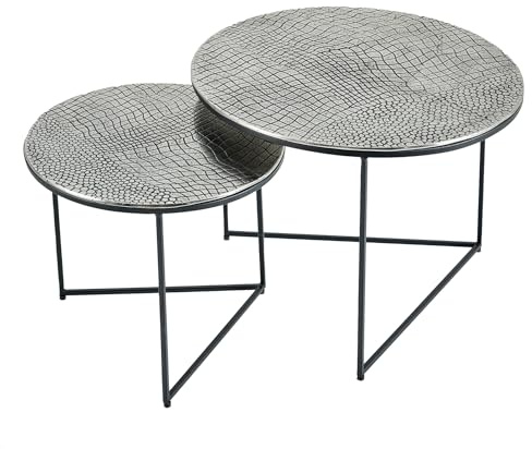 Riess Ambiente Rundes 2er Set Couchtisch Elements 60cm Silber antik Krokodil-Design Handmade Beistelltisch Wohnzimmertische Nachttische Sofatische Tischchen