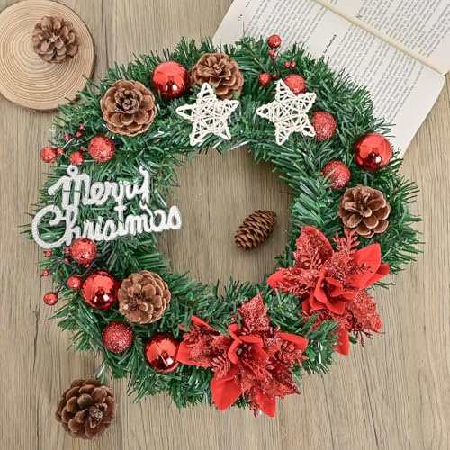 ZYOOO 35cm Christmas Wreath,Artificial Front Door Wreath with Merry Christmas,Wall Window Garland for Home Garden Farmhouse Christmas Decoration