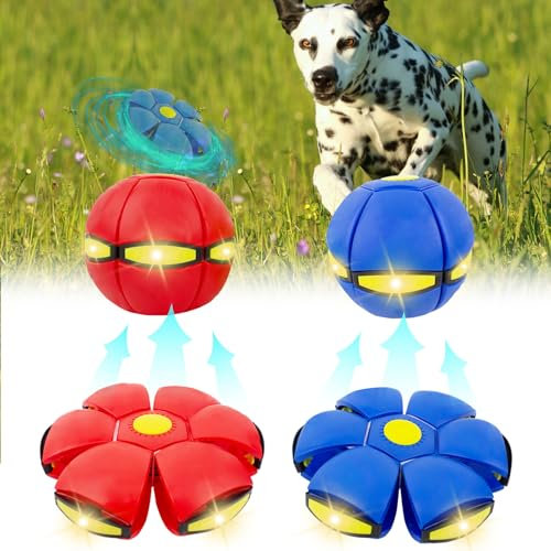OOXYG 2 bolas de platillo volador para perros, juguete interactivo de disco volador para perros medianos y grandes, bola de disco portátil para perros para juegos al aire libre, 3 luces rojas y azules