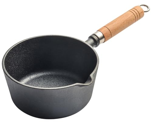Fiorky Olla de leche de hierro fundido pequeña olla de sopa con mango de madera, olla antiadherente para derretir mantequilla con boquilla de vertido, mini sartén para hervir para cocina, inducción,