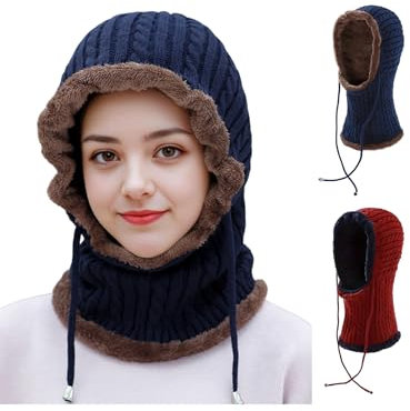 Winter Warm Strickmütze&Halswärmer-Sets Flexible Strickmütze mit Haarball, weiches Dickes Fleece gefüttert verstellbare Gesichtsmaske für Frauen für Outdoor-Sportarten Wintergeschenk 2-teiliges