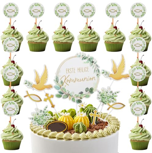 Pamtns 21 Stück Cake Topper Taufe Tortendeko Taufe Deko Fisch Eukalyptus Cupcake Topper Kreuz Taube Kommunion Deko Kuchen Deko Personalisiert Muffin Deko Tortenstecke Geburtstage