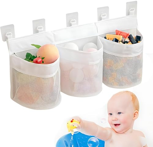 WHYCNJL 1 Pezzo Rete Giocattoli Doccia Borsa per Riporre i Giocattoli Della Vasca da Bagno Organizzatore Giocattoli Bagno con 5 Gancio Autoadesivo Rete per Vasca per Riporre e Organizzare
