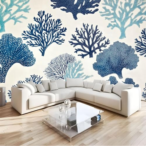 JEDTAKCT 260X175Cm Seidetapete Blaue Koralletapete Elegance Tapete Im Cartoon-Meerespflanzen Design Tapete Wandtapete Wohnzimmer Schlafzimmer Flur Strukturtapete