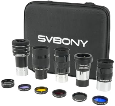 Svbony SV233 Telescope Accessory Kit for Adults, 7-21 mm Zoom Eyepiece，3.2 mm 58°, 25 mm, 32 mm SPL Eyepiece, 2x Barlow Lens, LRGB, Moon, Variable Polarizer Filter, with Portable Bag, for Visual