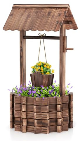 GYMAX Pozzo Decorativo da Giardino, Fioriera in Legno d'Abete con Pozzo, Secchio e Tetto, Resistente alle Intemperie, Effetto Invecchiamento, Decorazione per Prato, Cortile, Giardino, 57 x 57 x 114cm