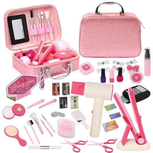Rosa frisörset för barn, sminkleksaker, sminkbox för flickor, frisörtillbehör, inklusive hårtork, plattång, kam och tillbehör, rollspel, barns sminklåda, presenter till flickor i åldern 3+