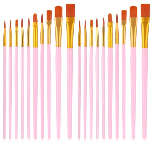 MBAIYO 20 Pcs Paint Brushes, Paint Brush Set Artist Acrylic Oil Watercolor Paintbrushes Set Nylon Hair Artist Oil Watercolor Brushes for Painting Lovers Detailing Crafts Supplies(Pink)