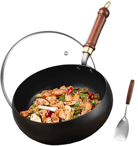 UMETRE Carbon Steel Wok Pan, 10.2 Woks & Stir-Fry Pans with Glass Lid Cookwares, Nonstick Wok Flat Bottom Small Handmade Chinese Wok For for All Stoves