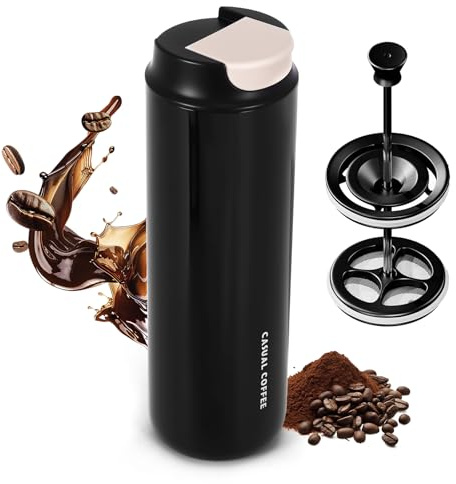 BTBHIHO Cafetera portátil de prensa francesa, prensa de café de viaje aislada de 470 ml, taza de acero inoxidable 316, filtro de acero inoxidable de alta densidad, diseño de tapa de bloqueo fácil de