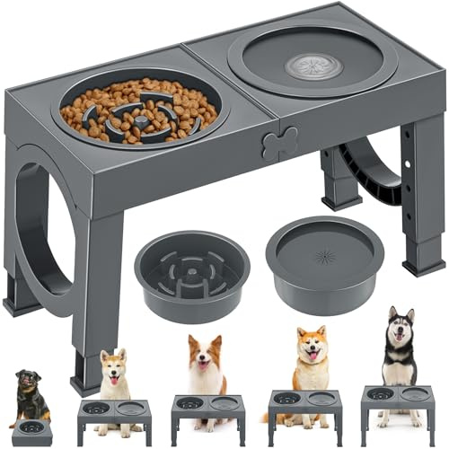 X XBEN 3-in-1 Gamelles Surélevées de 5 Hauteurs Ajustables, Gamelle pour Chien avec 1L Gamelle Anti-Glouton et 1,4L Anti-éclaboussures, Antidérapant, pour Chien de Taille Moyenne et Grande,Gris