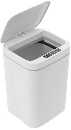 Hurrylying Cubo de basura con sensor con tapa, 16 l, con sensor inteligente, blanco, adecuado para dormitorio, salón, habitaciones estrechas, luz LED integrada, cubo de basura de baño, PP