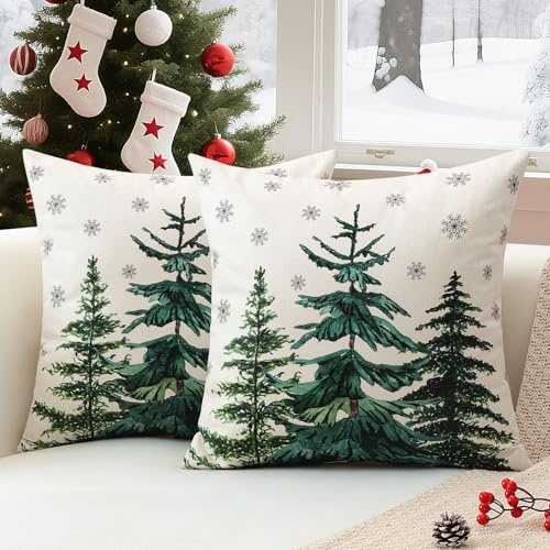 Sungeek 2er Set Weihnachten Kissenbezüge, Dekorative Zierkissenbezüge Winter Kissenbezug Weihnachtsdeko Kissenhülle für Sofa Schlafzimmer Wohnzimmer (50x50 cm, Weihnachtsbaum Schneeflocken)