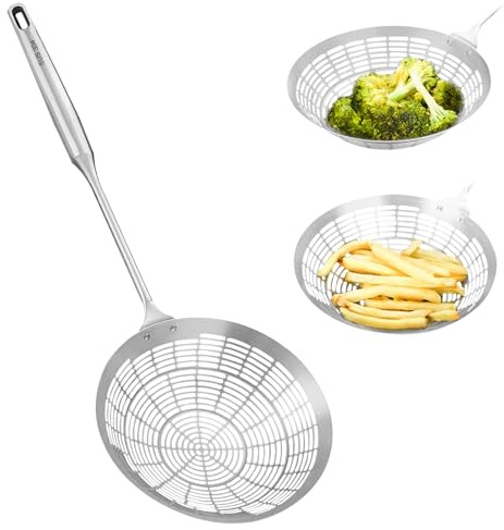 Cuchara de cocina con mango largo, colador de araña de acero inoxidable, cuchara de freidora para cocina (L-45 x 18 cm)