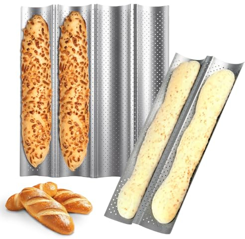 2 Pcs Baguette Baking Tray, Perforated Bread Tin for Baking French Stick Loaf Bakings Molds Pan Baguette Mold NonStick for 4 and 2 Baguettes, Bakings Trays for Oven Non Stick( 15 x 11/15 x 5.4 )