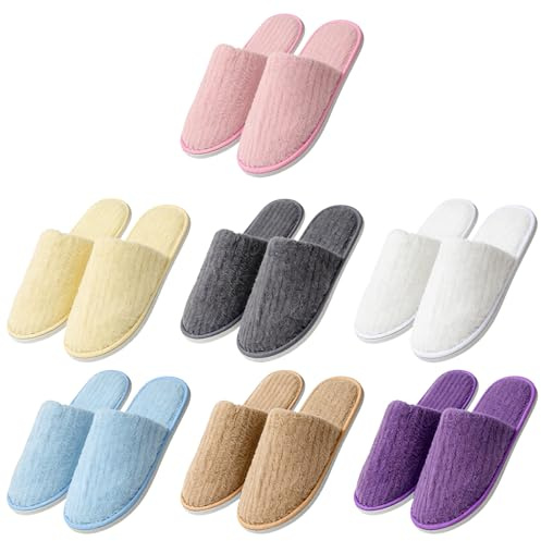 Halorin 7 par tofflor set, hotelltofflor, färgglada tofflor, engångs universell storlek, halkfri, korallfleece, tvättbar, hotell badtofflor för hotell, hus, sovrum, badrum (7 färger)